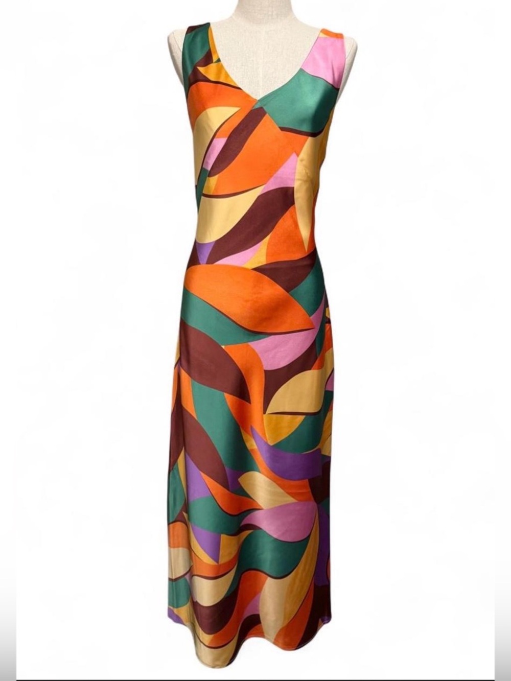 Joie Women’s Multicolor Satin Abstract Retro Style Maxi Dress, Size Medium